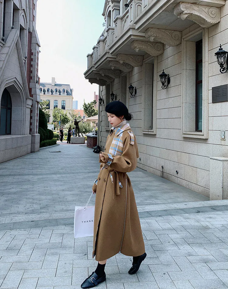 Contrast Plaid Over The Knee Woolen Women's Coat