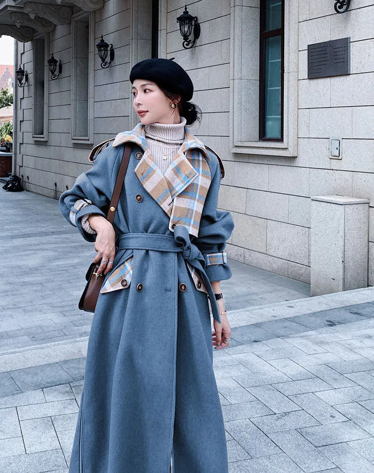 Contrast Plaid Over The Knee Woolen Women's Coat