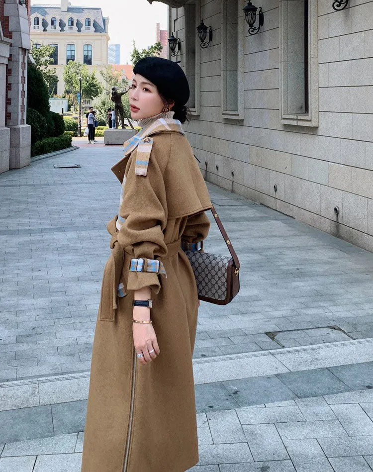 Contrast Plaid Over The Knee Woolen Women's Coat