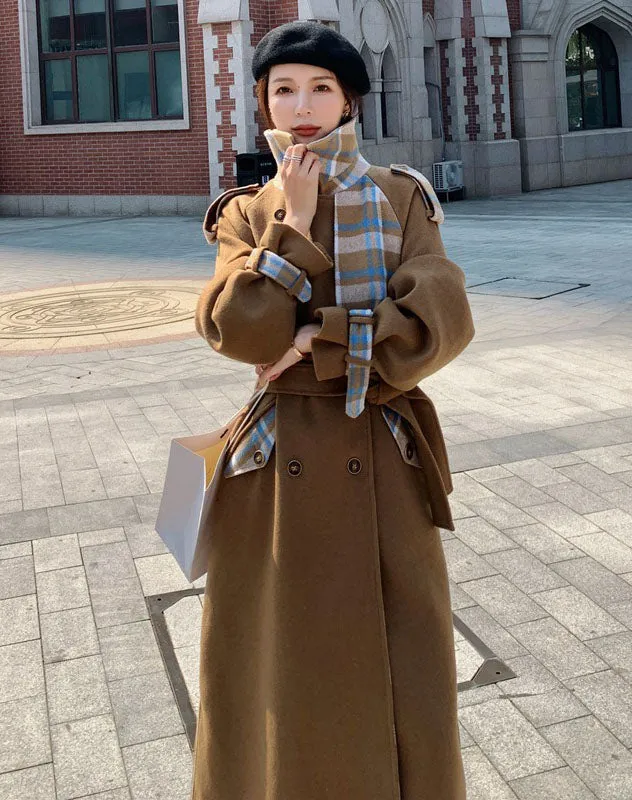 Contrast Plaid Over The Knee Woolen Women's Coat