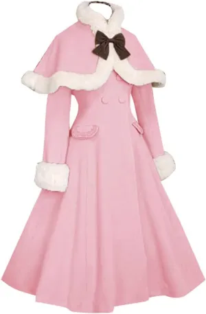 CountryWomen Retro Sweet Lolita Winter Overcoat Faux Fur Cape Thick Wool Trench Coat Jacket Winter Warm Shawl Princess Dress