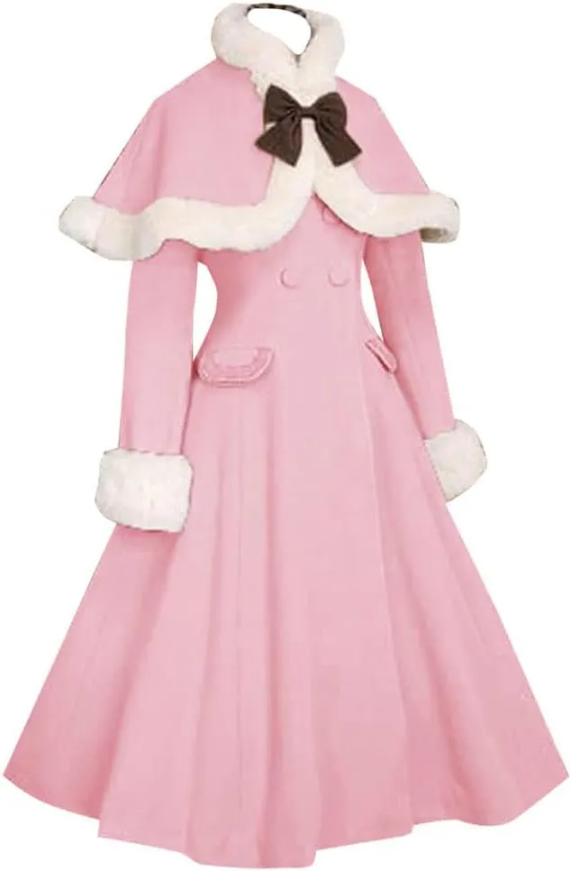 CountryWomen Retro Sweet Lolita Winter Overcoat Faux Fur Cape Thick Wool Trench Coat Jacket Winter Warm Shawl Princess Dress