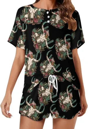 Cow Skull Cactus Women's Pajama Sets Short Sleeve Shirt And Shorts Cozy Sleepwear Loungewear Pjs