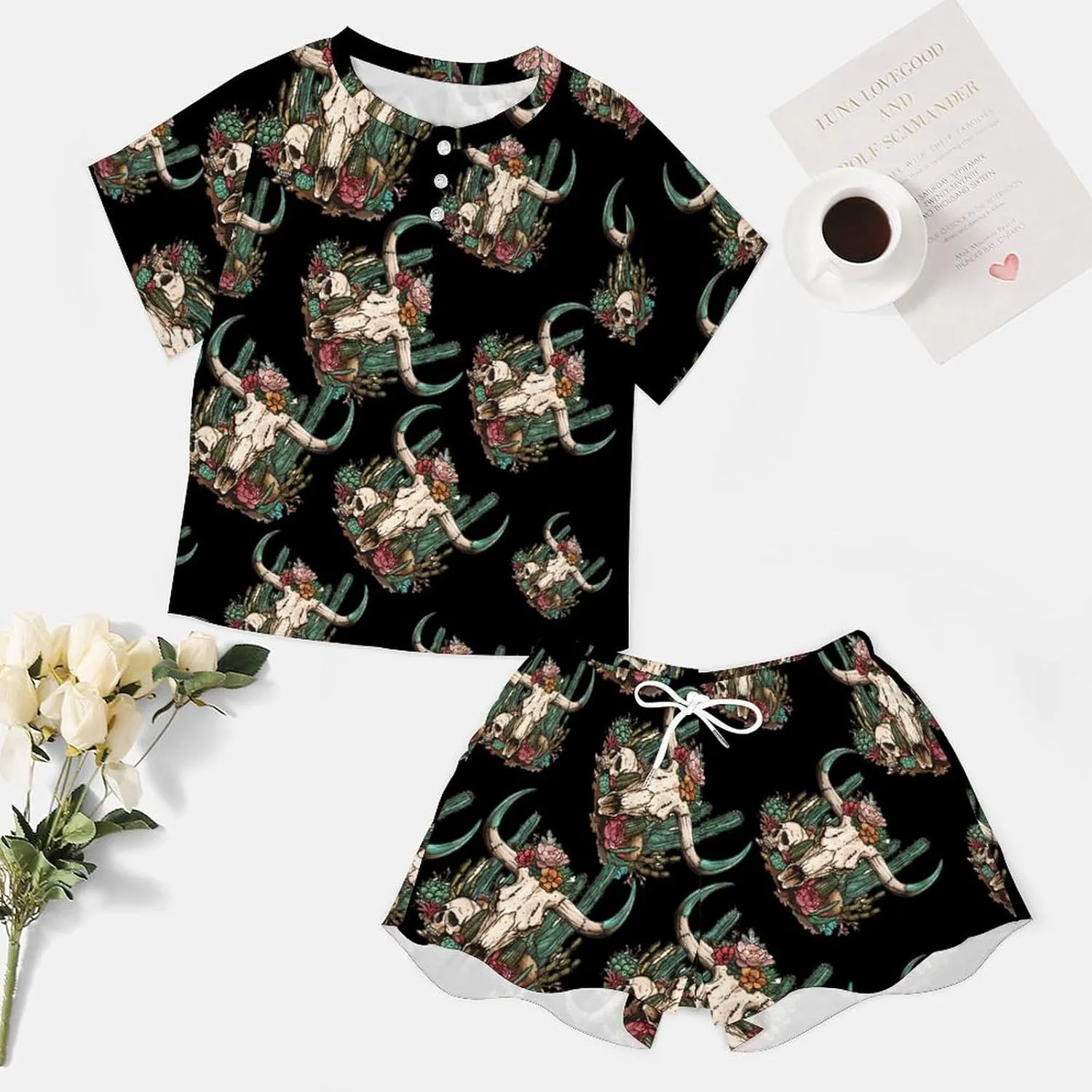 Cow Skull Cactus Women's Pajama Sets Short Sleeve Shirt And Shorts Cozy Sleepwear Loungewear Pjs