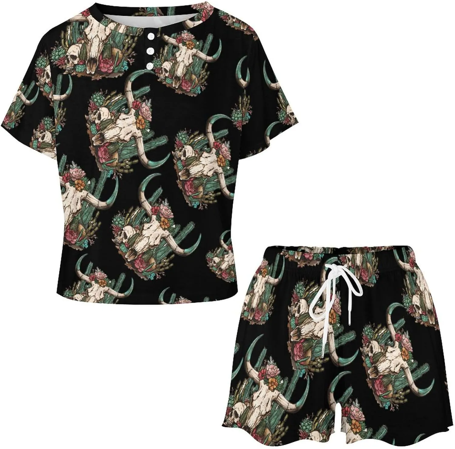 Cow Skull Cactus Women's Pajama Sets Short Sleeve Shirt And Shorts Cozy Sleepwear Loungewear Pjs