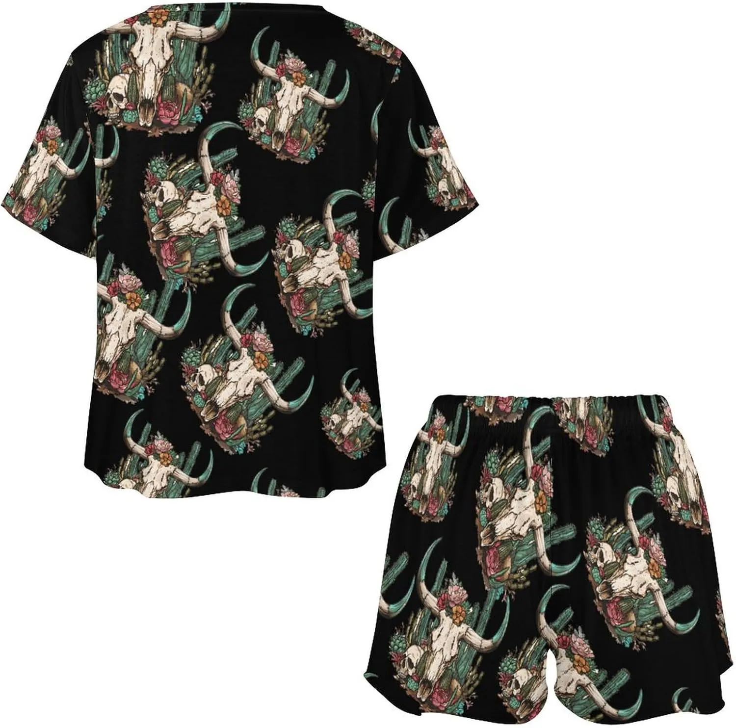 Cow Skull Cactus Women's Pajama Sets Short Sleeve Shirt And Shorts Cozy Sleepwear Loungewear Pjs