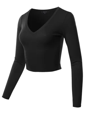 Cropped Lightweight Long Sleeve V-Neck Ribbed Tops Tees