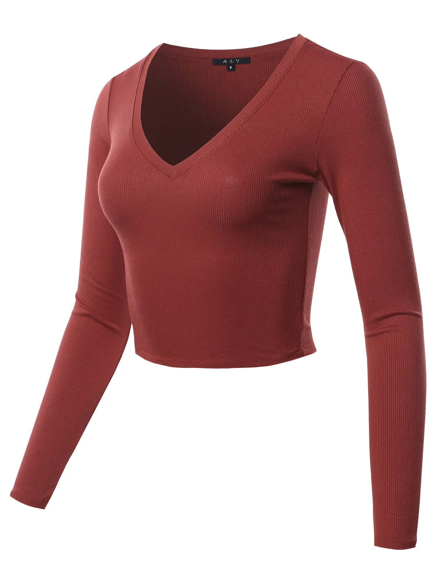Cropped Lightweight Long Sleeve V-Neck Ribbed Tops Tees