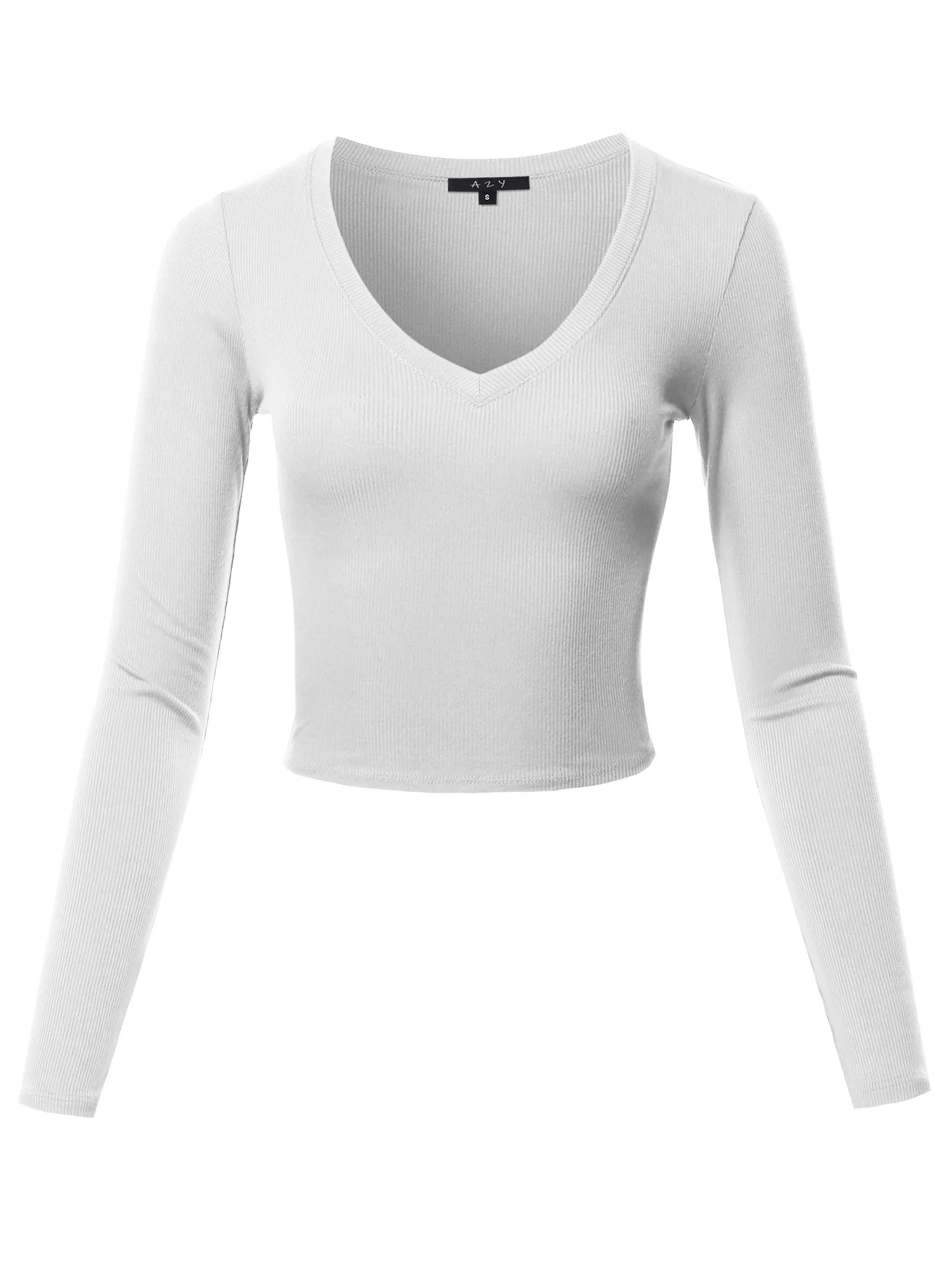 Cropped Lightweight Long Sleeve V-Neck Ribbed Tops Tees