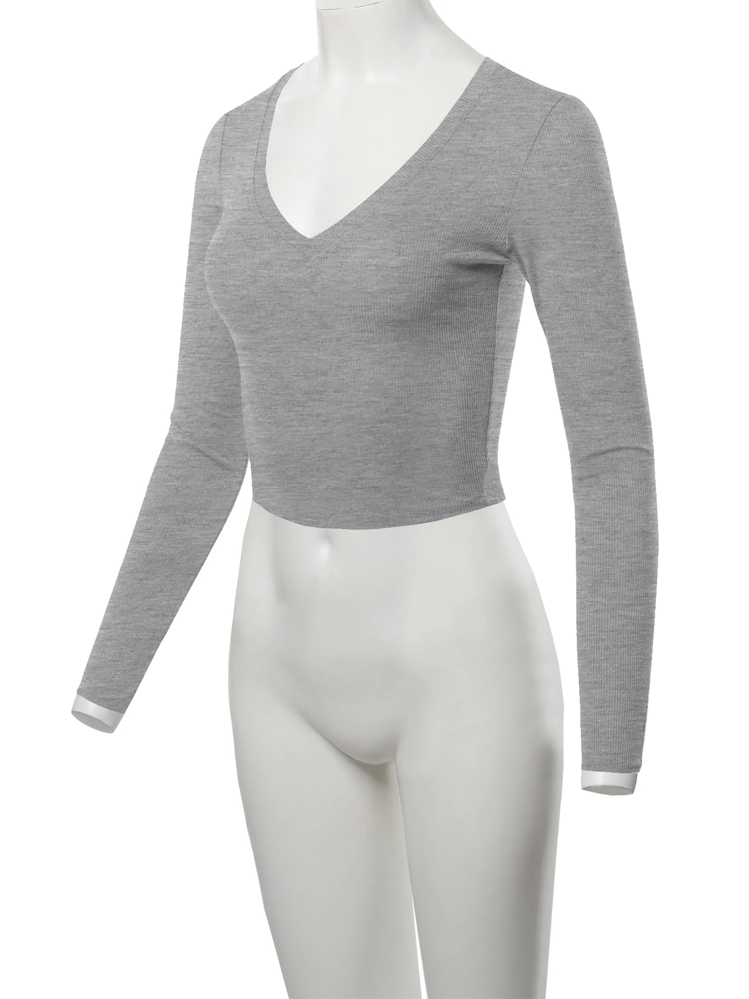 Cropped Lightweight Long Sleeve V-Neck Ribbed Tops Tees