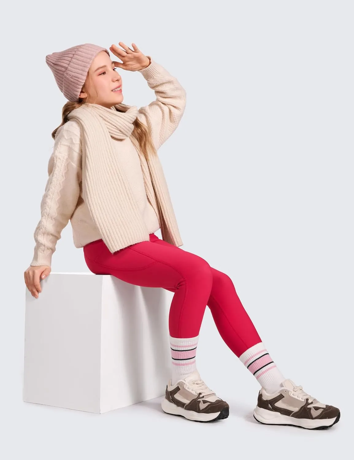 CRZ YOGA Girls Thermal Fleece Lined Athletic Leggings Water Resistant High Waist Warm Winter Kids Lounge Pants Side Pockets