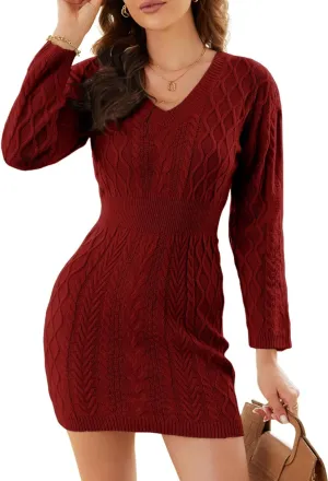 Dokotoo Women's 2024 Fall Sweater Dress Long Sleeve V Neck Cable Knit Chunky Bodycon Pullover Jumper Sweaters