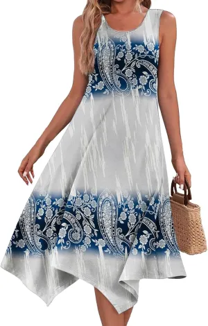 DOPOCQ Summer Dresses for Women 2024 Elegant Print Swing Hem Tank Midi Dresses Casual Plus Size Sleeveless Crewneck Sundress