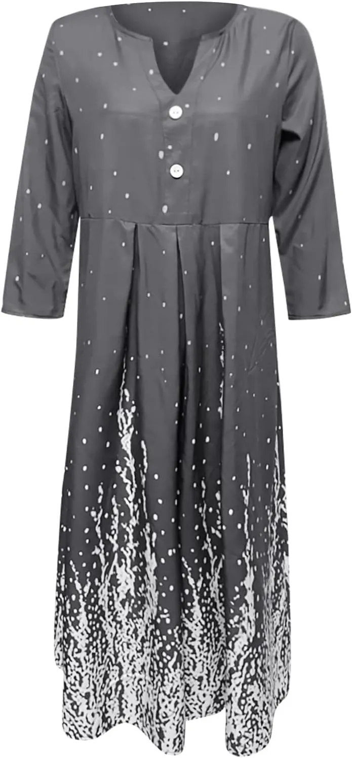 Dresses for Women 2024,Sexy V Neck Elegant Print Button Down Half Sleeve Plus Size Loose Smocked Summer midi Dress