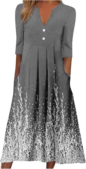 Dresses for Women 2024,Sexy V Neck Elegant Print Button Down Half Sleeve Plus Size Loose Smocked Summer midi Dress