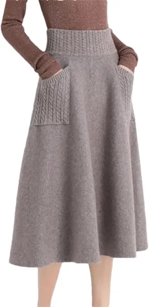Dvbfufv Women Pleated Wool Knitted Midi Skirts Women Solid High Waist A Line Skirt Women Autumn Winter Pocket Slim Skirt