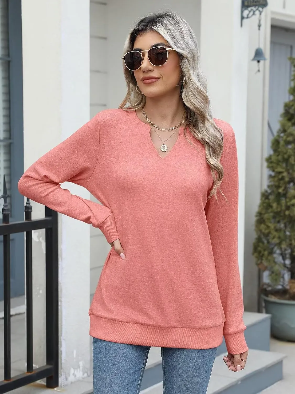 EADINVE Womens Casual Long Sleeve V Neck Sweatshirts Cute Loose Fit Lightweight Pullover Fall Clothes Tunic Tops