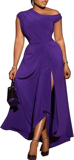 Ecirod Women Elegant Sleeveless One Shoulder Bodycon Maxi Dress High Split Ruched Waist Elegant Flowy Dresses Cocktail Party