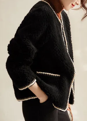 Elegant Black O Neck Pockets Patchwork Wool Coat Winter LY9711