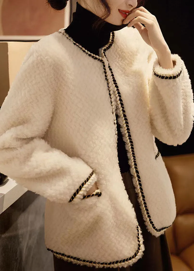 Elegant Black O Neck Pockets Patchwork Wool Coat Winter LY9711