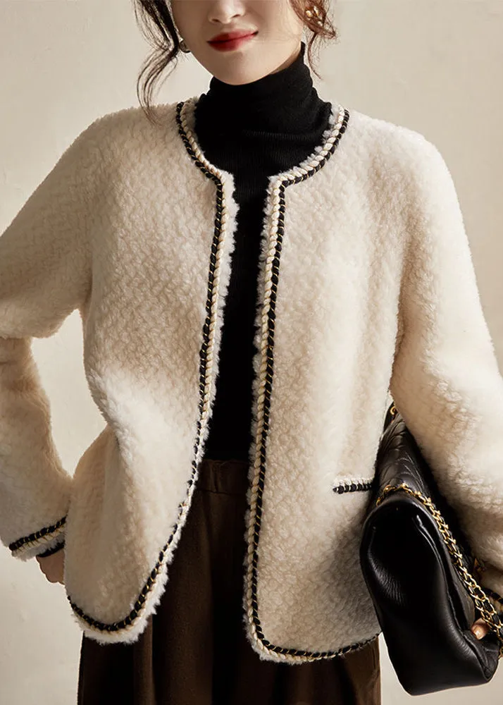 Elegant Black O Neck Pockets Patchwork Wool Coat Winter LY9711