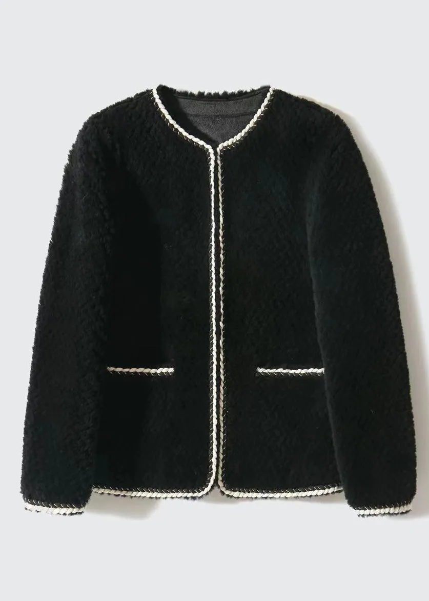 Elegant Black O Neck Pockets Patchwork Wool Coat Winter LY9711