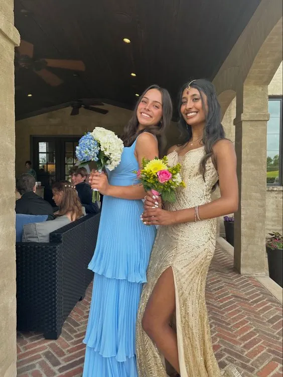 Elegant Blue Straps A-Line Pleated Long Prom Dress Party Gown