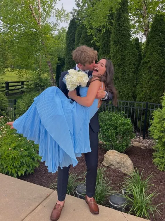 Elegant Blue Straps A-Line Pleated Long Prom Dress Party Gown