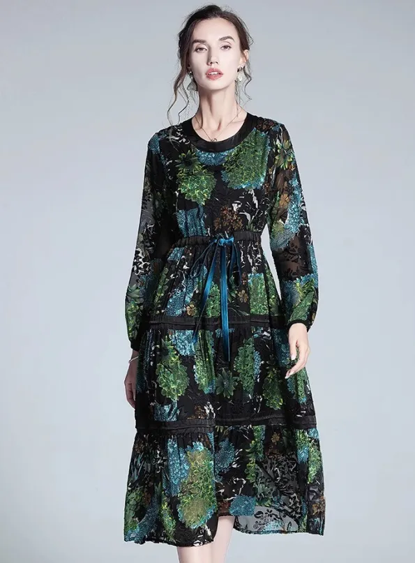 Elegant floral silk jacquard dress