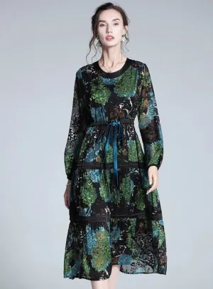 Elegant floral silk jacquard dress