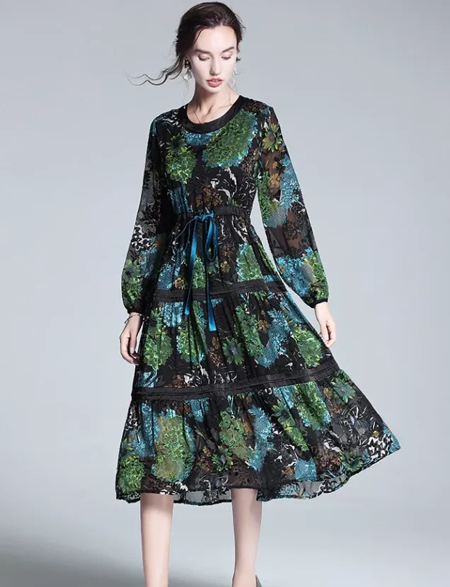 Elegant floral silk jacquard dress