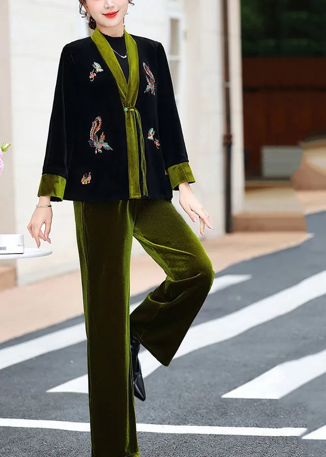 Elegant Green V Neck Embroideried Silk Velour Coats And Pants Two Piece Set Fall LY9778