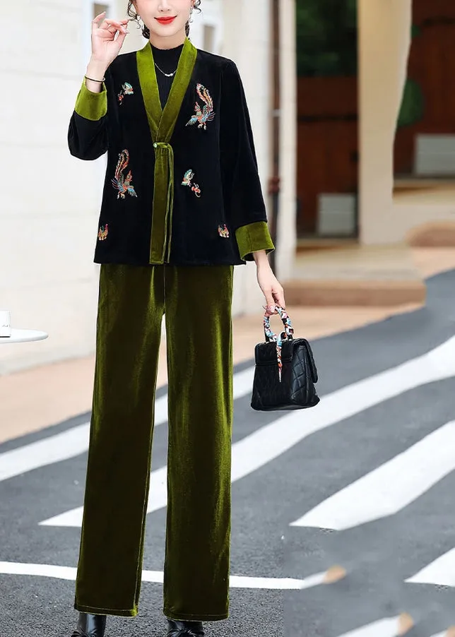 Elegant Green V Neck Embroideried Silk Velour Coats And Pants Two Piece Set Fall LY9778