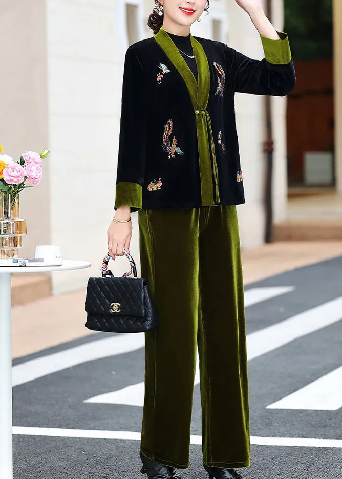 Elegant Green V Neck Embroideried Silk Velour Coats And Pants Two Piece Set Fall LY9778