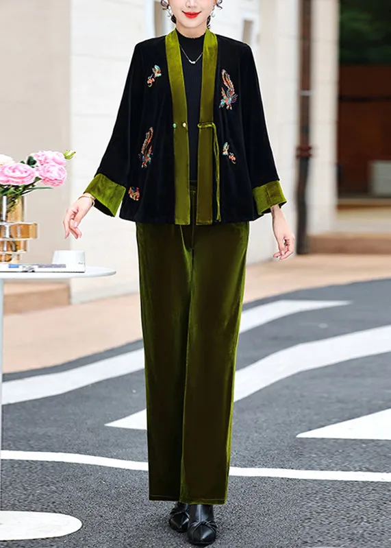 Elegant Green V Neck Embroideried Silk Velour Coats And Pants Two Piece Set Fall LY9778
