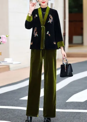 Elegant Green V Neck Embroideried Silk Velour Coats And Pants Two Piece Set Fall LY9778