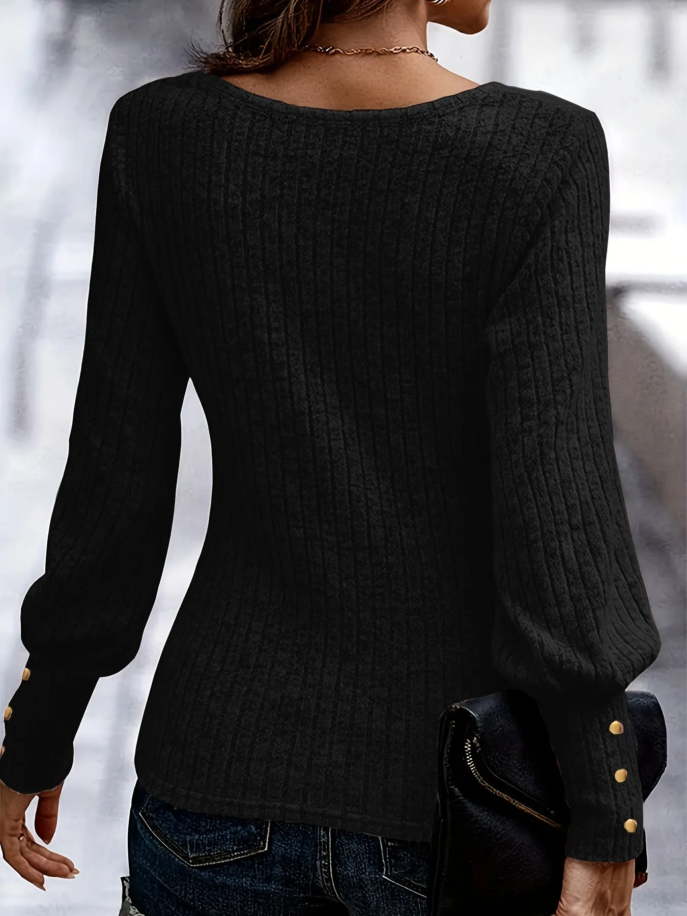 Elegant Ribbed Crew Neck Top, Bishop Sleeves, Solid Color.