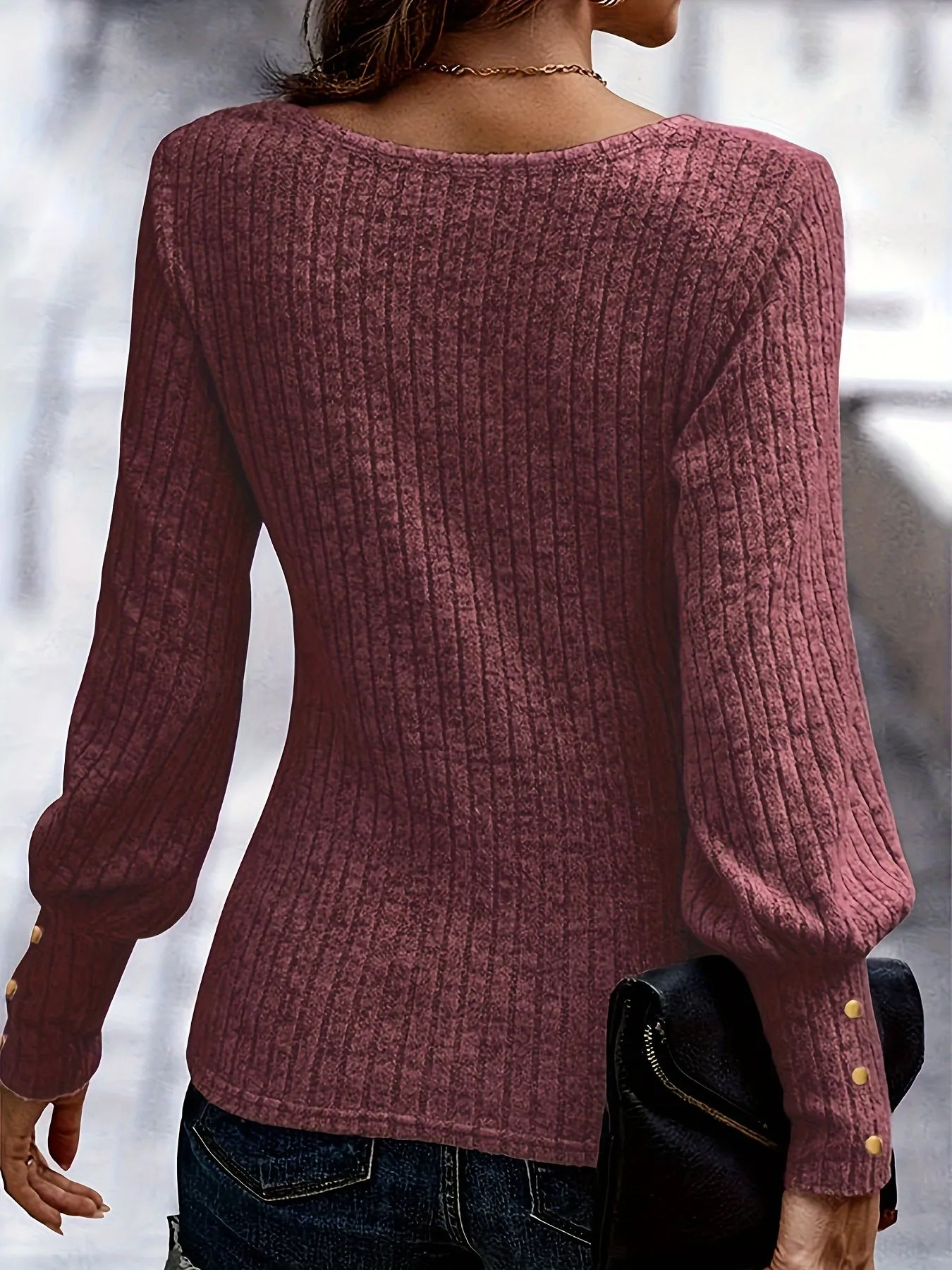 Elegant Ribbed Crew Neck Top, Bishop Sleeves, Solid Color.