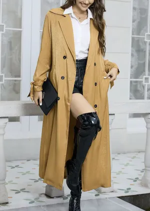 Elegant Yellow Peter Pan Collar Pockets Tie Waist Long Trench Fall