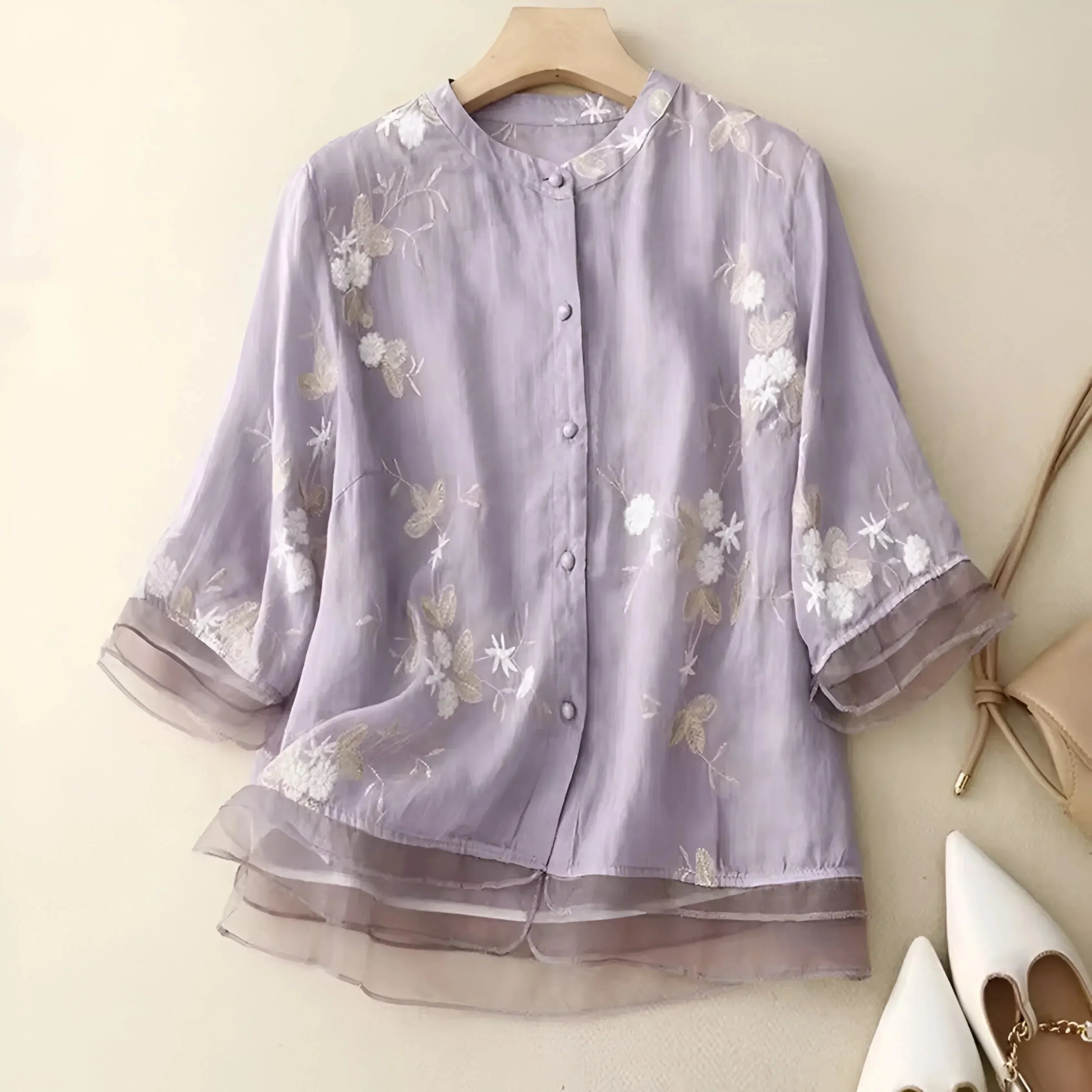 Emily | Cotton Top with Embroidered Flowers