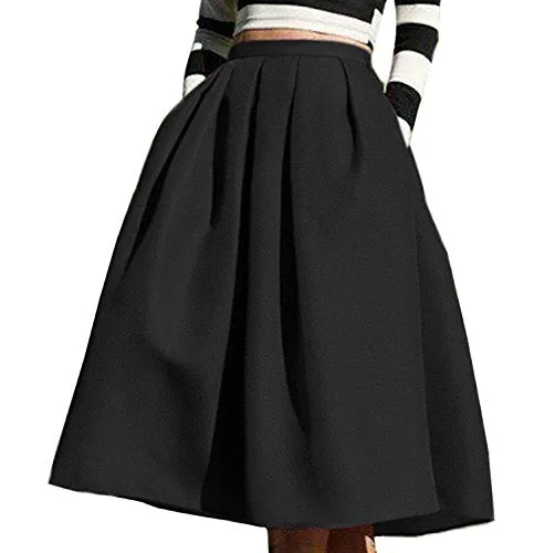 Face N Face Women's High Waisted A line Street Skirt Skater Pleated Full Midi Skirt Large Black
