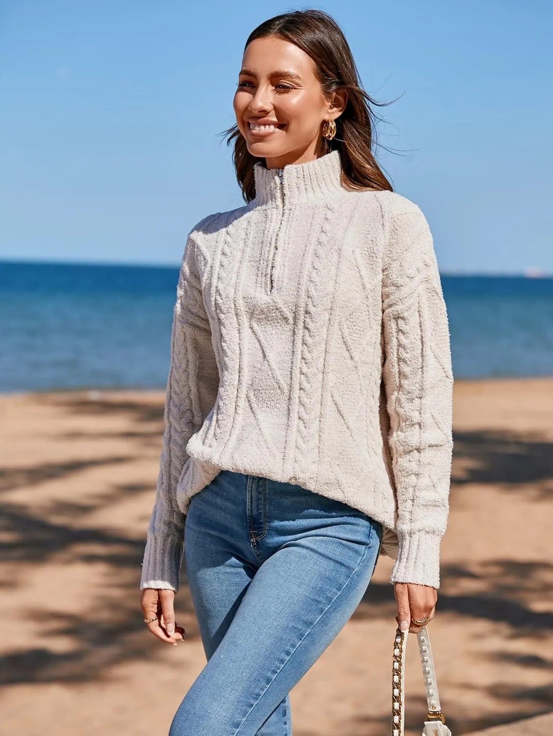 Famulily Womens Cute Cable Knit Sweater Long Sleeve Turtleneck Sweater Cozy Warm Half Zip Pullover Top