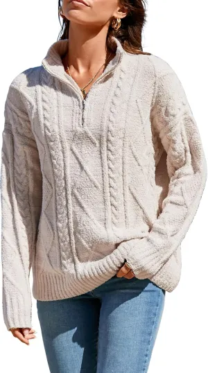 Famulily Womens Cute Cable Knit Sweater Long Sleeve Turtleneck Sweater Cozy Warm Half Zip Pullover Top