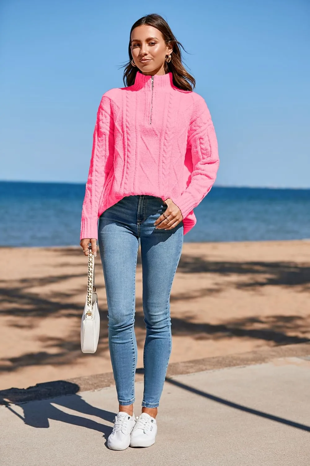 Famulily Womens Cute Cable Knit Sweater Long Sleeve Turtleneck Sweater Cozy Warm Half Zip Pullover Top
