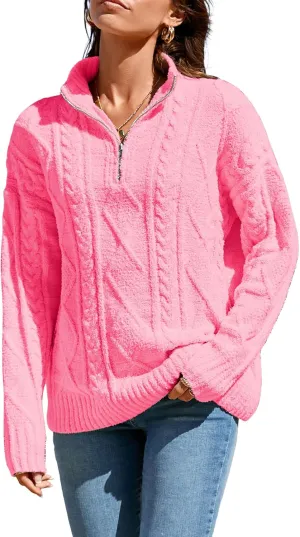 Famulily Womens Cute Cable Knit Sweater Long Sleeve Turtleneck Sweater Cozy Warm Half Zip Pullover Top