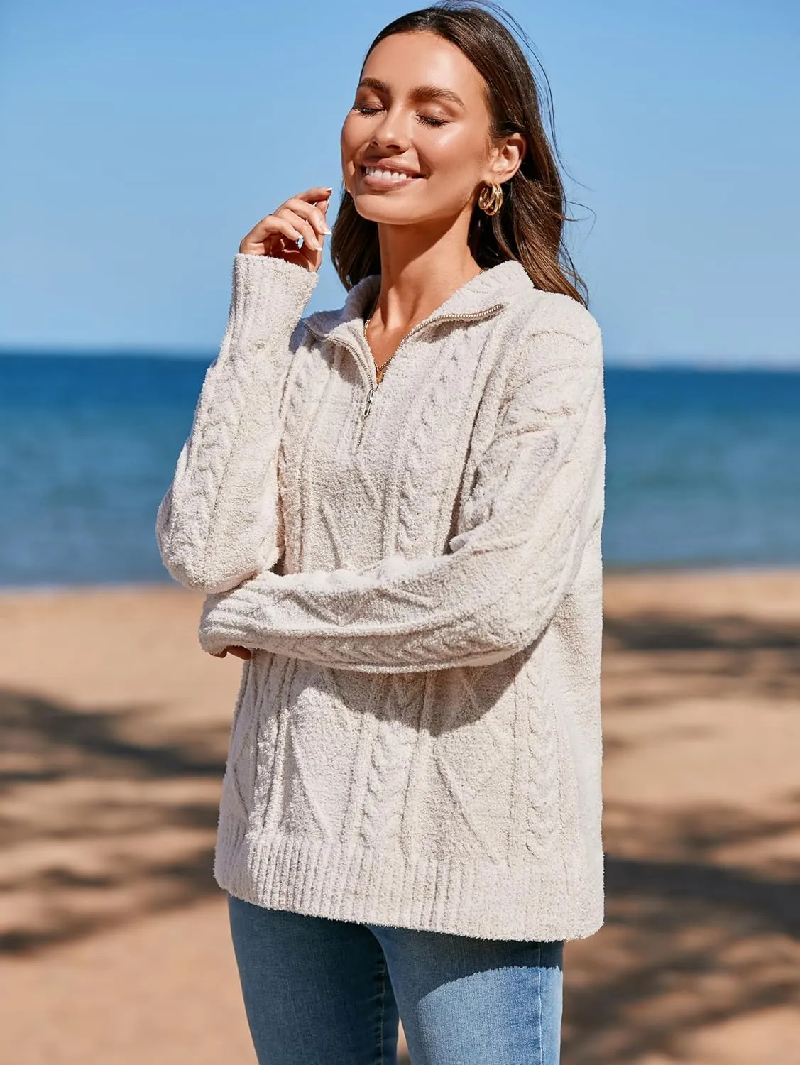 Famulily Womens Cute Cable Knit Sweater Long Sleeve Turtleneck Sweater Cozy Warm Half Zip Pullover Top