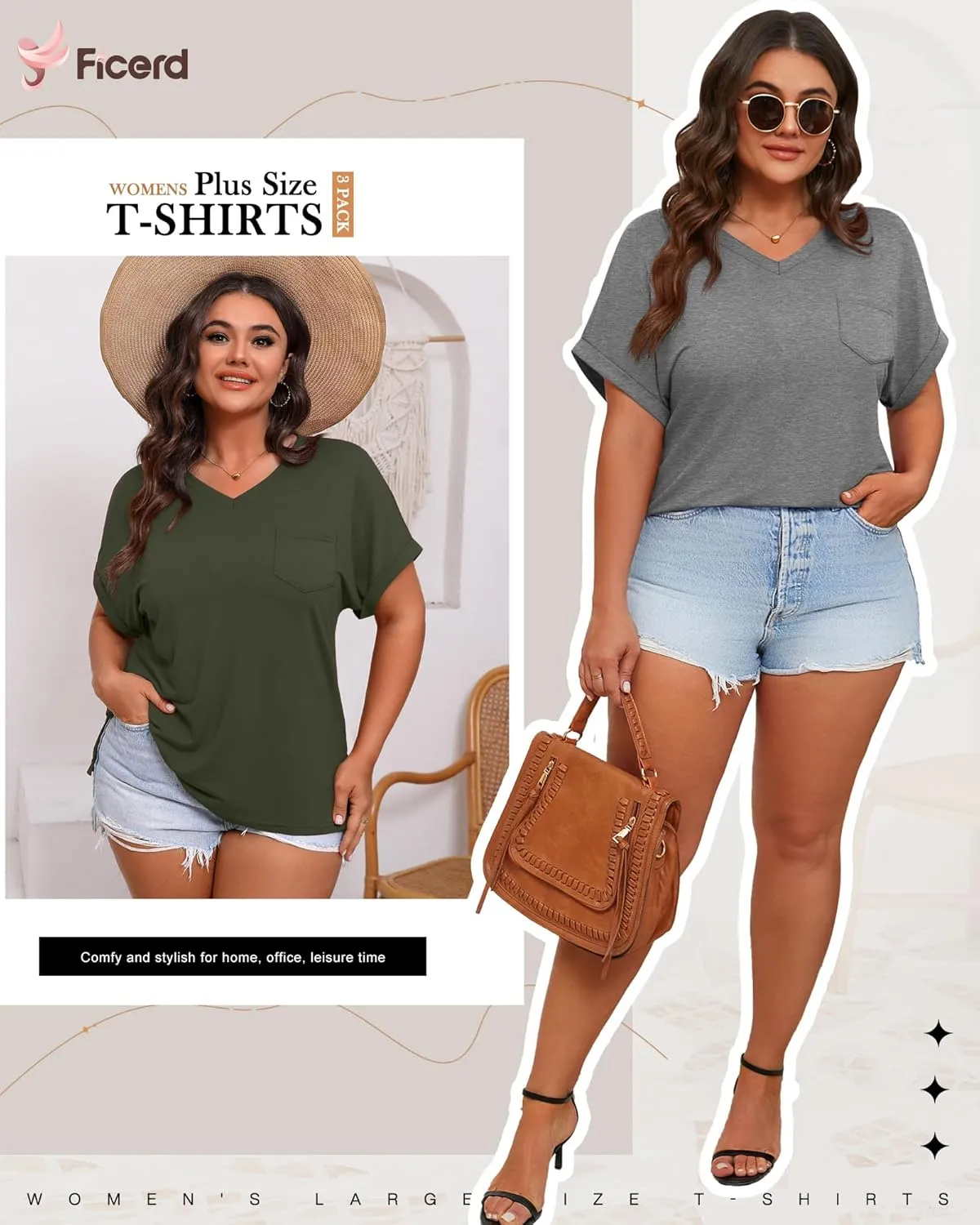 Ficerd 3 Pack Women's Plus Size T-Shirts, V Neck Short Sleeve Oversize Tunics Tops Sides Split Summer Loose Tees with Pockets
