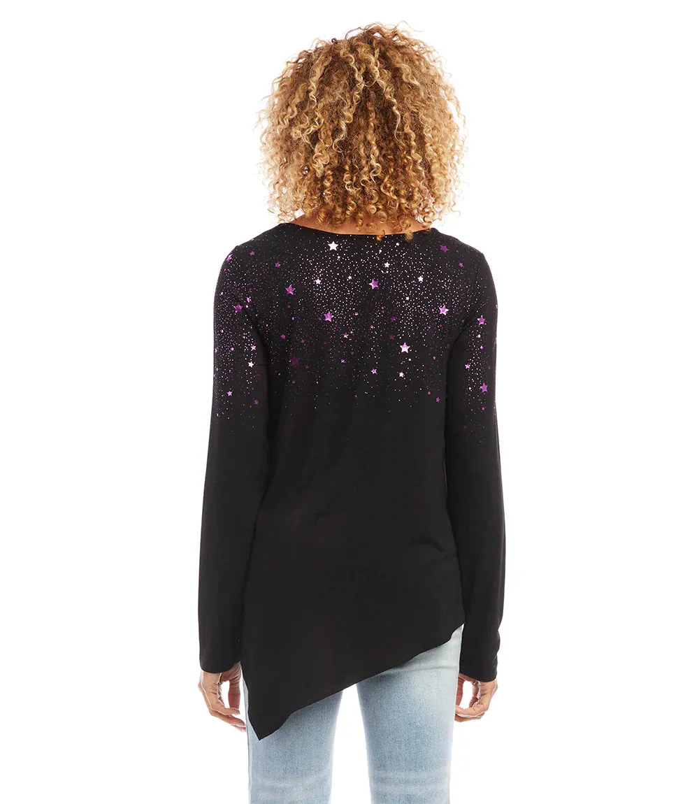 Final Sale Belita Black with Shiny Purple/Magenta Star Print Asymmetric Top - Karen Kane 3L13198