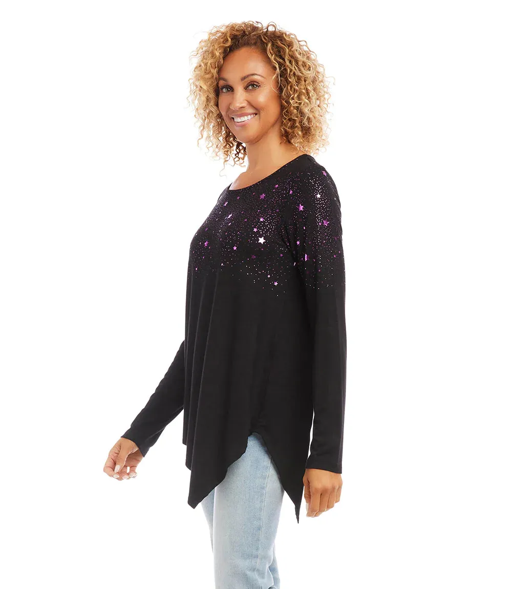 Final Sale Belita Black with Shiny Purple/Magenta Star Print Asymmetric Top - Karen Kane 3L13198