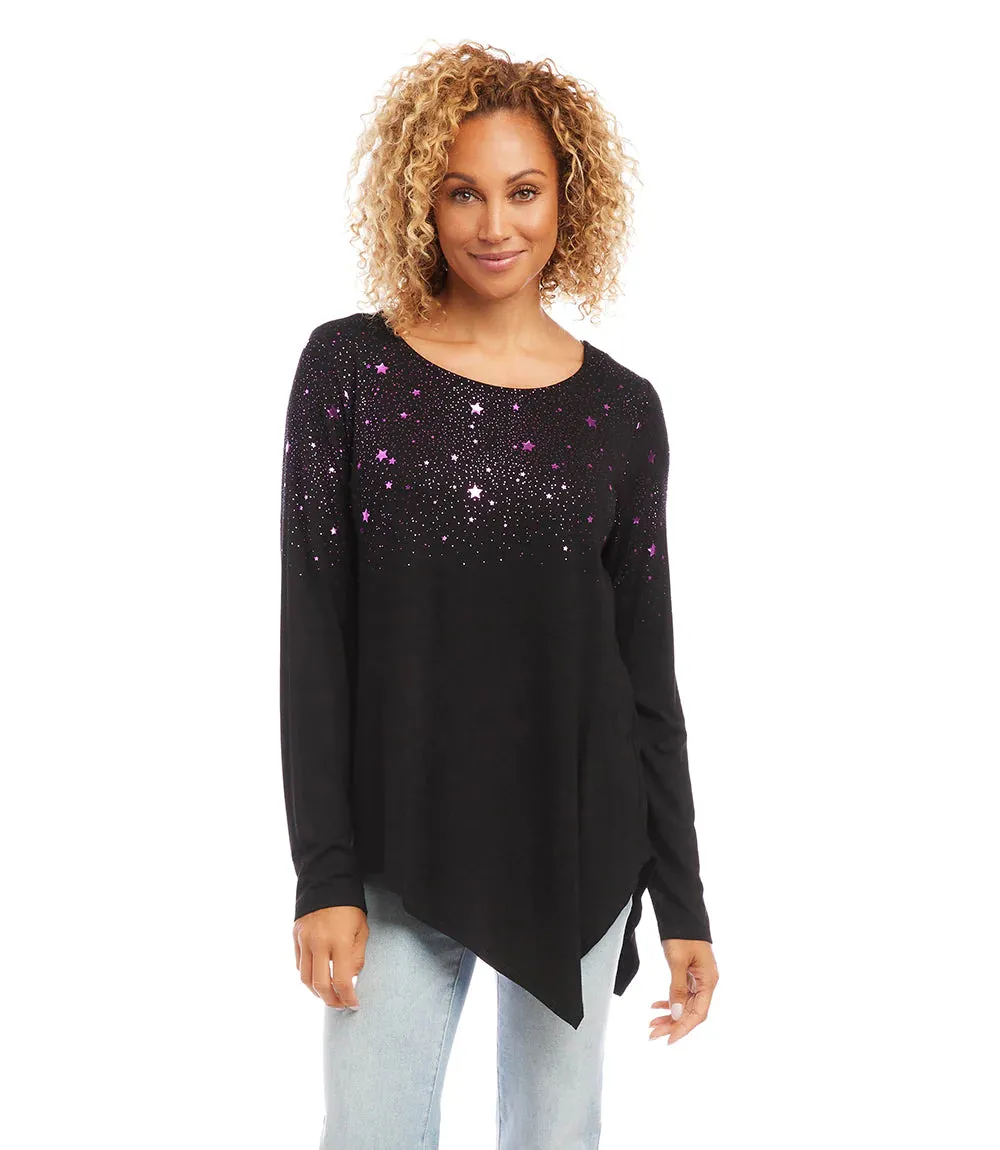 Final Sale Belita Black with Shiny Purple/Magenta Star Print Asymmetric Top - Karen Kane 3L13198
